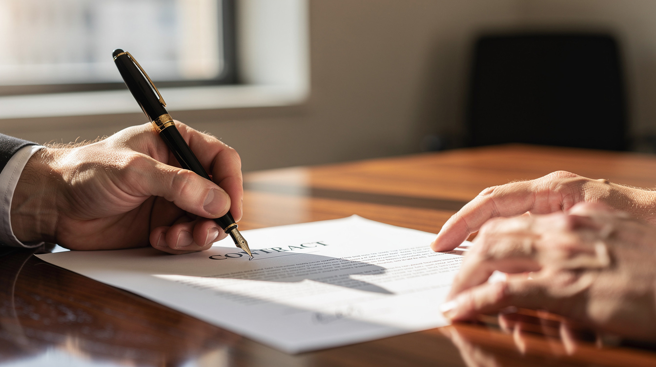 Person signing a formal contract at a desk